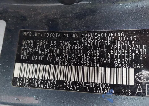 2015 Toyota Corolla L из США, поврежденный, VIN 2T1BURHE1FC394141